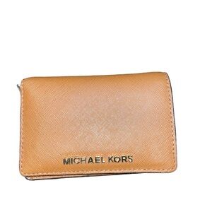 Michael Kors Jet Set Small Brown Leather Carryall Card Case Wallet Congac
